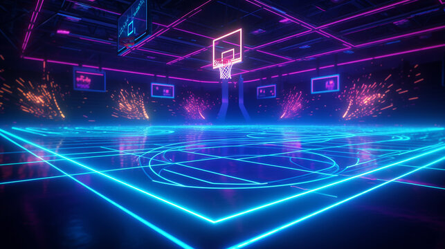 Futuristic Basketball Court Made Of Neon Lights Generative AI