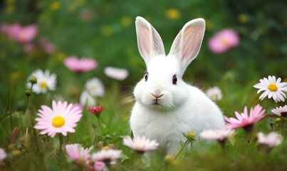  a white rabbit is sitting in a field of daisies.  generative ai