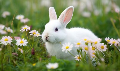  a white rabbit sitting in a field of daisies and daisies.  generative ai