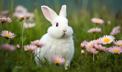  a white rabbit sitting in a field of pink daisies.  generative ai