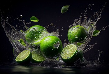 Fototapeta na wymiar a group of limes with water splashing on them and leaves on the top of the limes and the bottom of the limes. generative ai