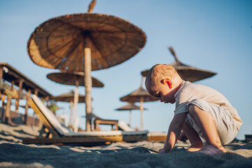 Sunlit toddler boy digging a hole with his hands on the sandy beach.