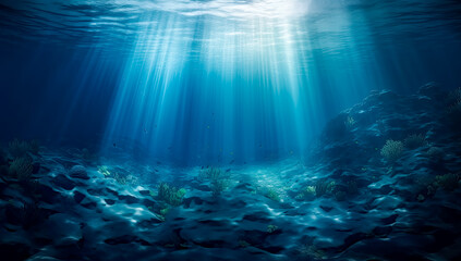 Fototapeta na wymiar Underwater light beam background with rays of the sun. Generative Ai.