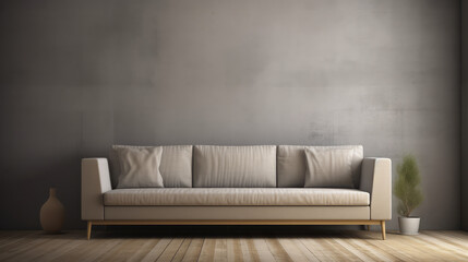 Sofa on a minimalistic background, wall and furniture in the interior. Place on the wall. Generative AI