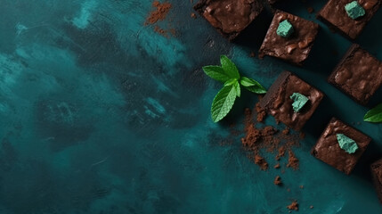 minimalistic Background with brownies and cake, top view, free Copy space, mock-up