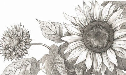  a drawing of a sunflower with leaves and a flower.  generative ai