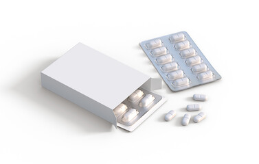 Package with two blisters with white medicines pills on transparent background. 3d rendering