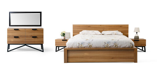 Modern bed with mirrored dressing table isolated on white background .