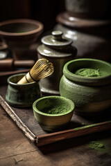 Green matcha tea, culture of Japan and China. Matcha powder in a designer black bag, homemade matcha, matcha whisk on a black background. Chasen. Generative AI.
