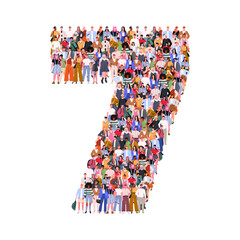 Large group of people in number 7 seven form. Numbers made of people. A crowd of male and female characters. Flat vector illustration isolated on white background.