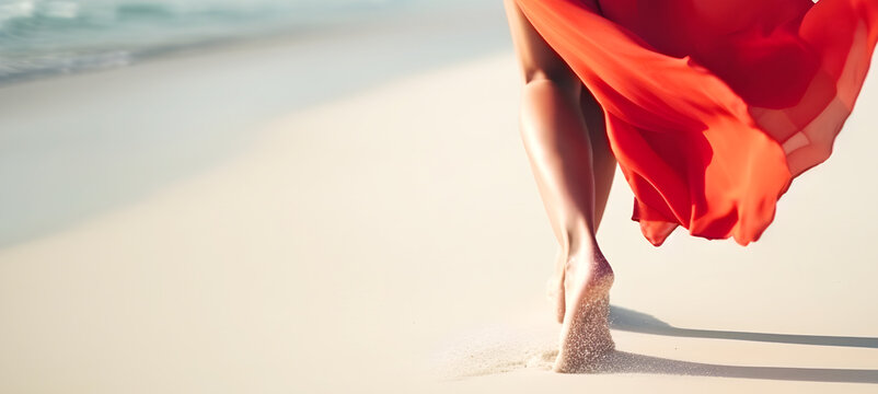 Young woman with a red dress walking on the beach, banner, ai generative illustration