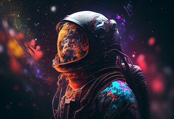 A beautifull Astronaut illustration, a colored space with stars and galaxy, spacesuit Generative AI - obrazy, fototapety, plakaty