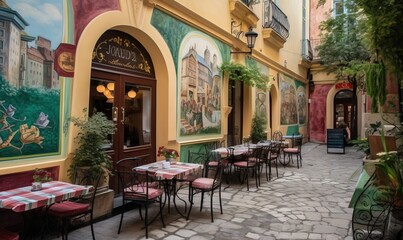 Fototapeta na wymiar a restaurant with tables and chairs on a cobblestone street. generative ai