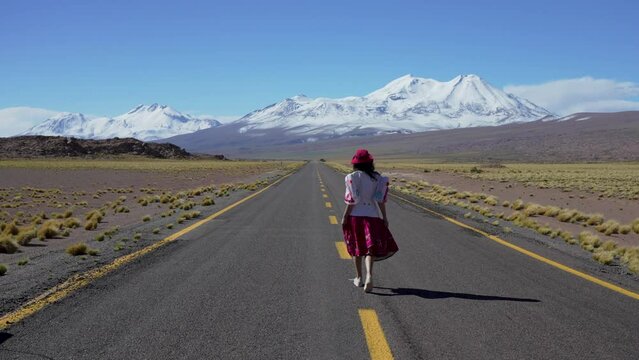 rear view adult  woman walking on the road in the altiplano of  Los Flamencos National Reserve in clothing inspired by pre-hispanic indigenous culture Bolivian Chola