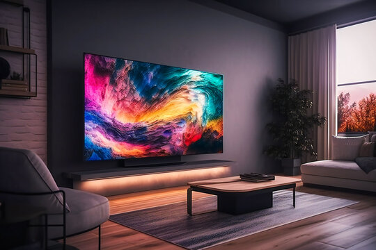 Big Screen TV Takes Center Stage in Modern Living Room. Generative AI