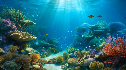 Naklejka na ściany i meble Diving into a Vibrant World of Coral and Sea Creatures. Generative AI