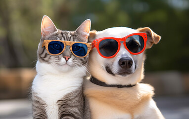 Cat and dog pets friends in sunglasses outdoors. Generative AI