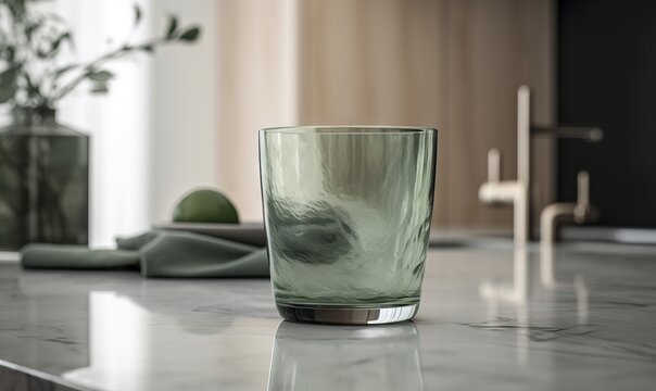 a glass sitting on top of a counter next to a vase.  generative ai