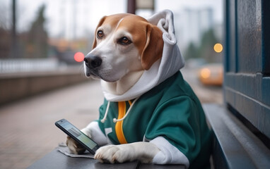 Pet dog using mobile phone on the street in the city. Generative AI