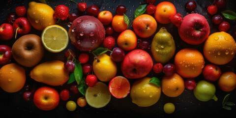 lots of fruit: apples, lemons. multifruit amazing background, panoramic