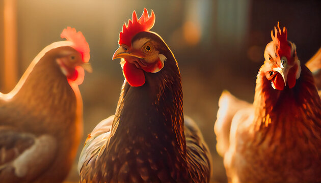 Hens, Roosters, and Chicks. Life on the Farm. Generatine AI.Generative AI