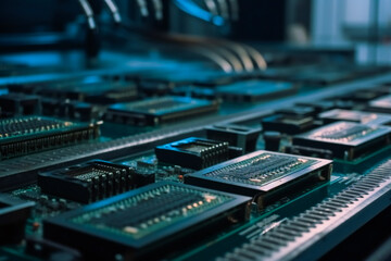 Computer Processors on Production Line on Electronics Factory. Microchip Production Process. AI Generated.