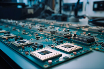 Obraz premium Computer Processors on Production Line on Electronics Factory. Microchip Production Process. AI Generated.
