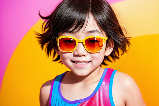 Portrait of an asian teen girl with sunglasses on a abstract painted background, summer vibrancy. Generative AI.