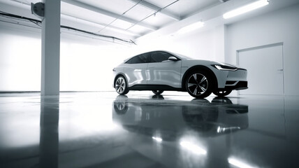 white electric modern concept car in garage parking interior generative IA