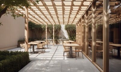  a patio with tables and chairs under a pergolated roof.  generative ai
