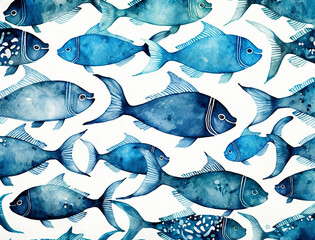 Watercolor blue navy ocean fish pattern. Nautical animal ornament on white background. Generative AI
