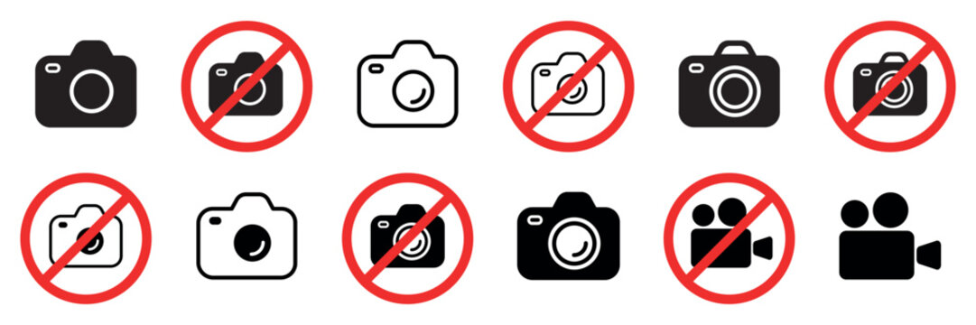 Set of no photographing prohibition and video signs. Photo, video, camera signs in crossed circle. Vector illustration.