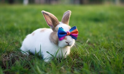  a small rabbit with a colorful bow on it's head.  generative ai