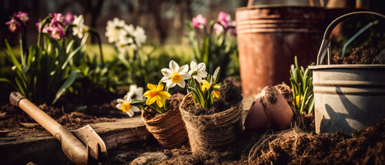 Spring flowers with the gardening tools in the garden. AI generated.