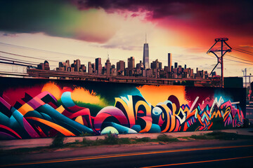 Fototapeta premium Colorful Cityscape. A Vibrant Display of Urban Street Art and Graffiti with a Skyline Backdrop. Generative AI