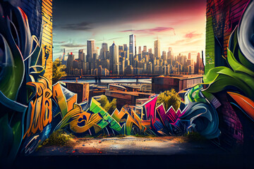 Colorful Cityscape. A Vibrant Display of Urban Street Art and Graffiti with a Skyline Backdrop. Generative AI