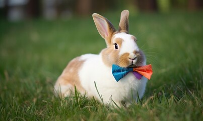  a small rabbit with a bow tie sitting in the grass.  generative ai