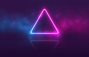 Neon triangle with smoke, gradient led border, portal with haze clouds. 3D abstract retro tech background. Vector illustration.