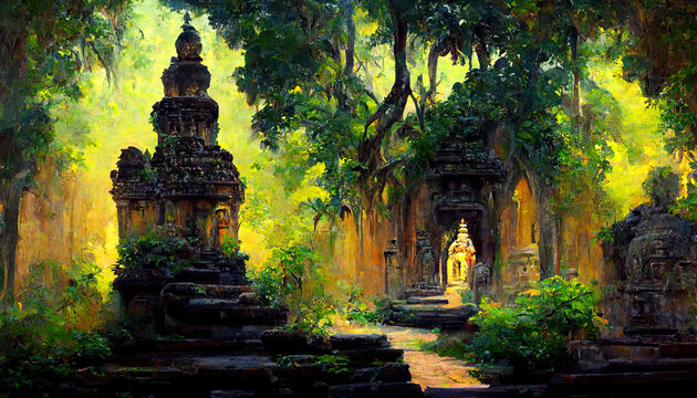 Painting of a Ancient Temple in a Forest