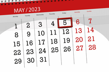 Calendar 2023, deadline, day, month, page, organizer, date, May, friday, number 5