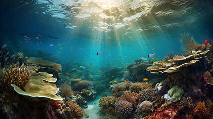 Fototapeta na wymiar Coral Reef Wonderland - Sunrise Casting a Magical Glow in the Underwater Realm. Generative AI