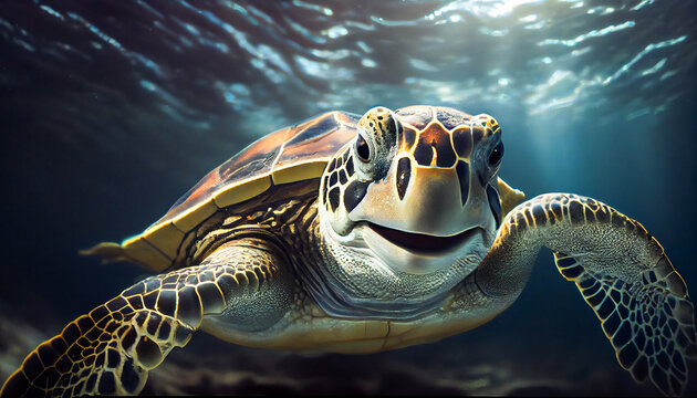 Joyful smiling sea turtle swimming underwater. Generative AI