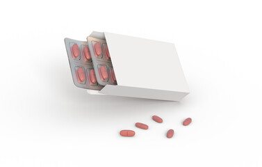 Cardbox packaging with two blisters red vitamin pills on a transparent background. 3d rendering