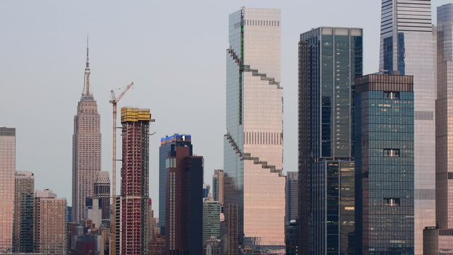 Close up of Manhattan skyline buildings natural sunlight