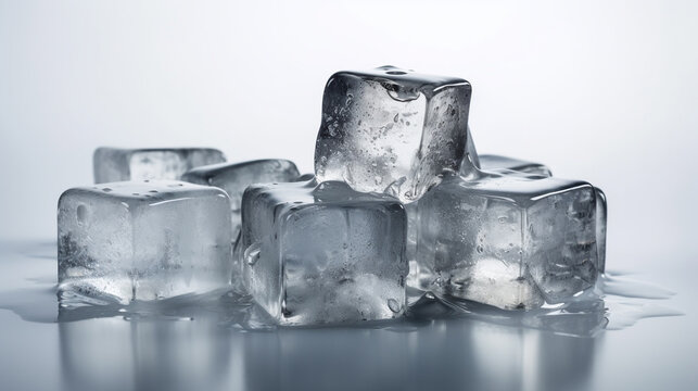 Natural crystal clear melting ice cubes on white reflective surface background,  Created using generative AI tools.