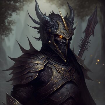 dungens and dragons fantasy anthropomorphic male void dweller in black armor from the late 1000s to early 1100s holding dark metalic reflective sword 