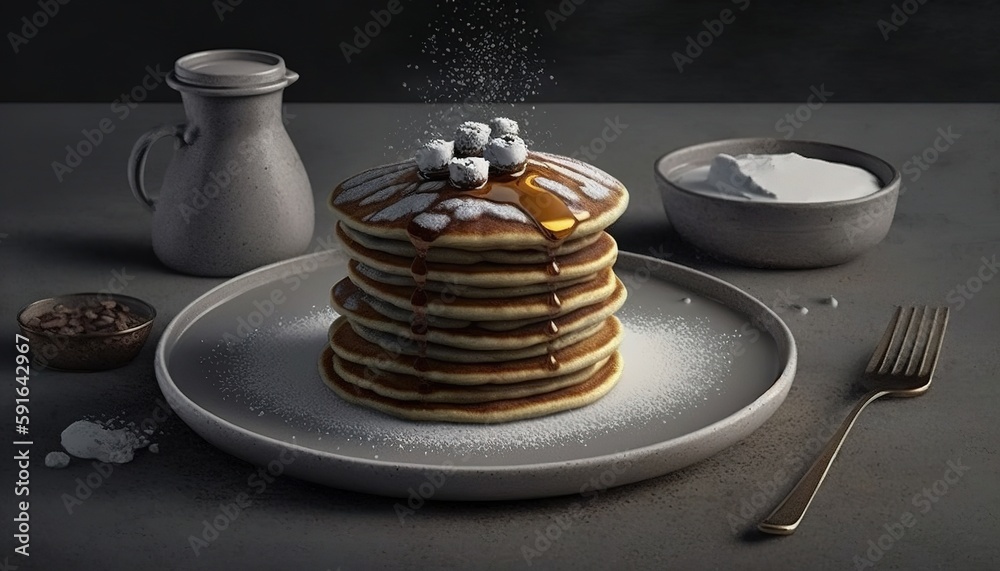 Wall mural cookies and pancakes with a sweet glaze sit on a white dish against a grey backdrop. generative ai