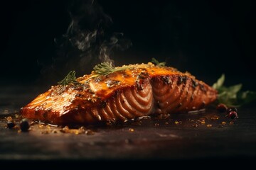 Fototapeta Grilled salmon fish. Salmon steak on BBQ. Generative AI obraz