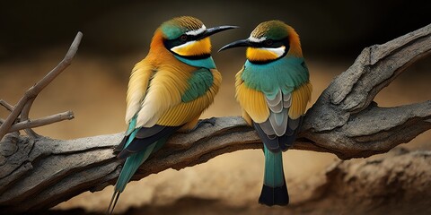 Two or three bee-eaters. During courting, the male brought a bug to the innkeeper for the female. Generative AI