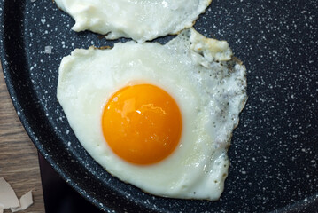 Fried egg in a frying pan on electric stove